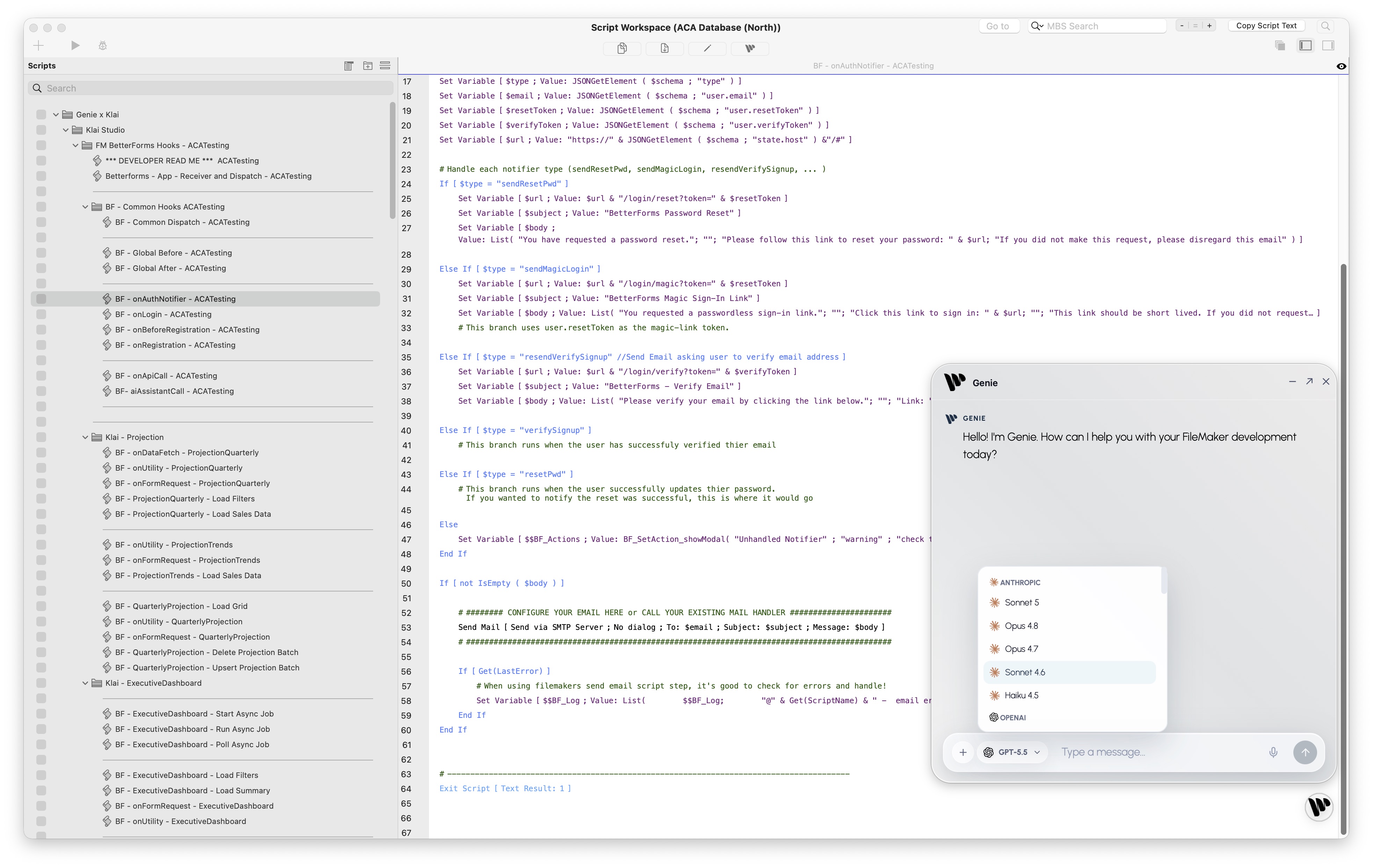 Genie provider picker showing multiple model options.