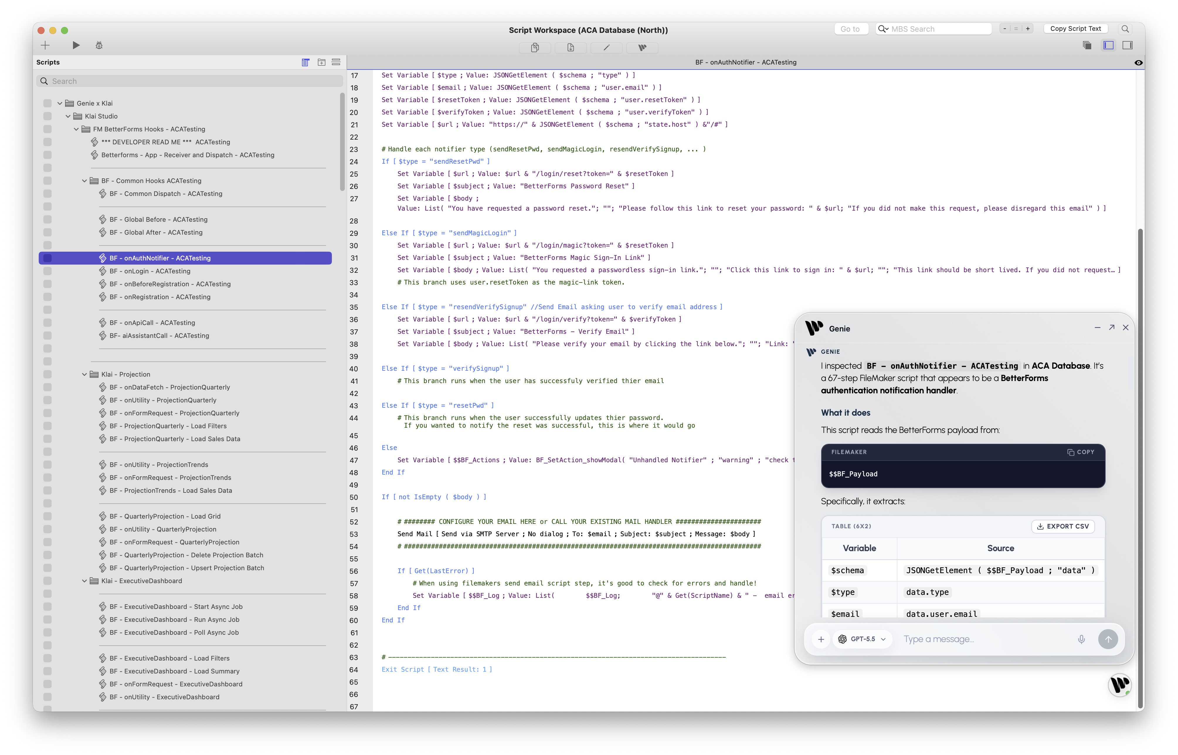 Genie AGENT mode explaining the active FileMaker script.