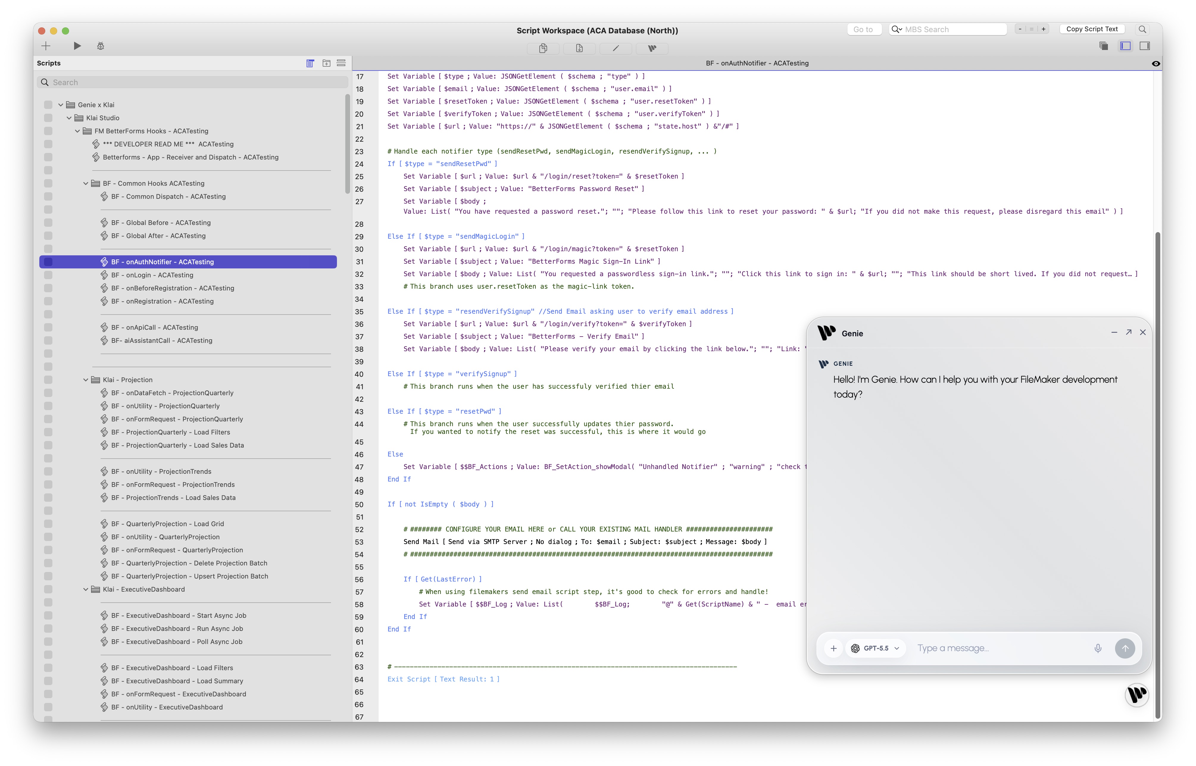 Genie inside FileMaker Script Workspace.