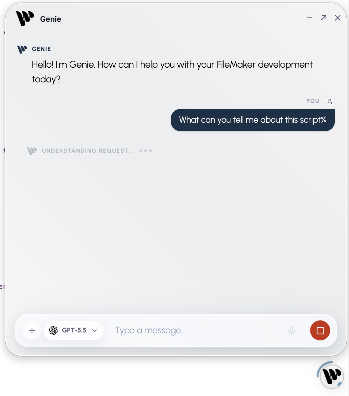 Genie AGENT mode understanding a request against the active script.