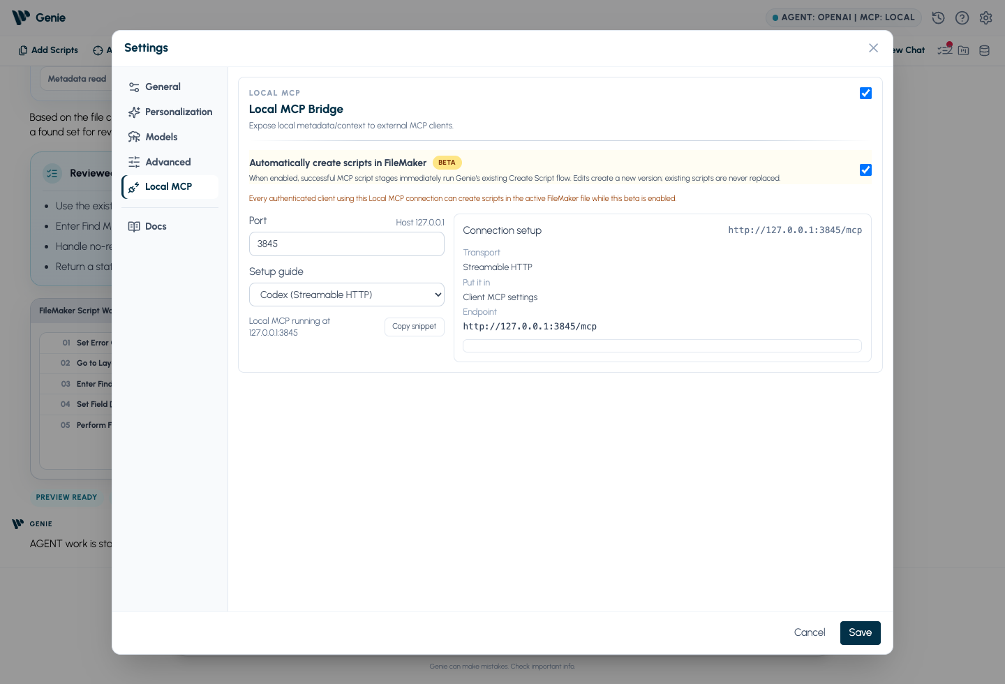 Local MCP settings with direct script creation and Codex setup.