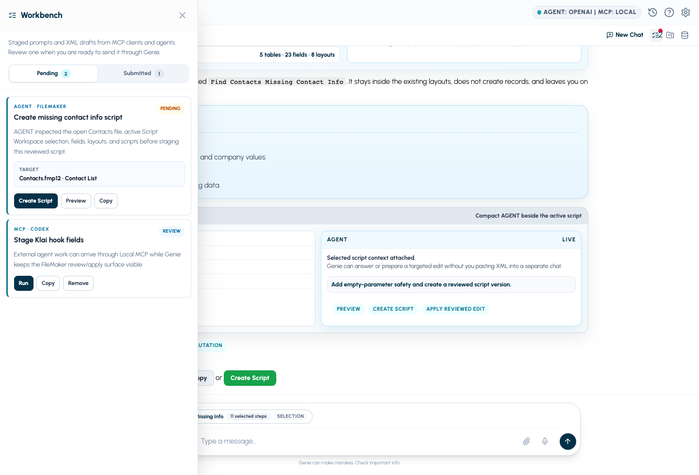 Workbench shows Genie-created work and MCP-staged work before it is applied.