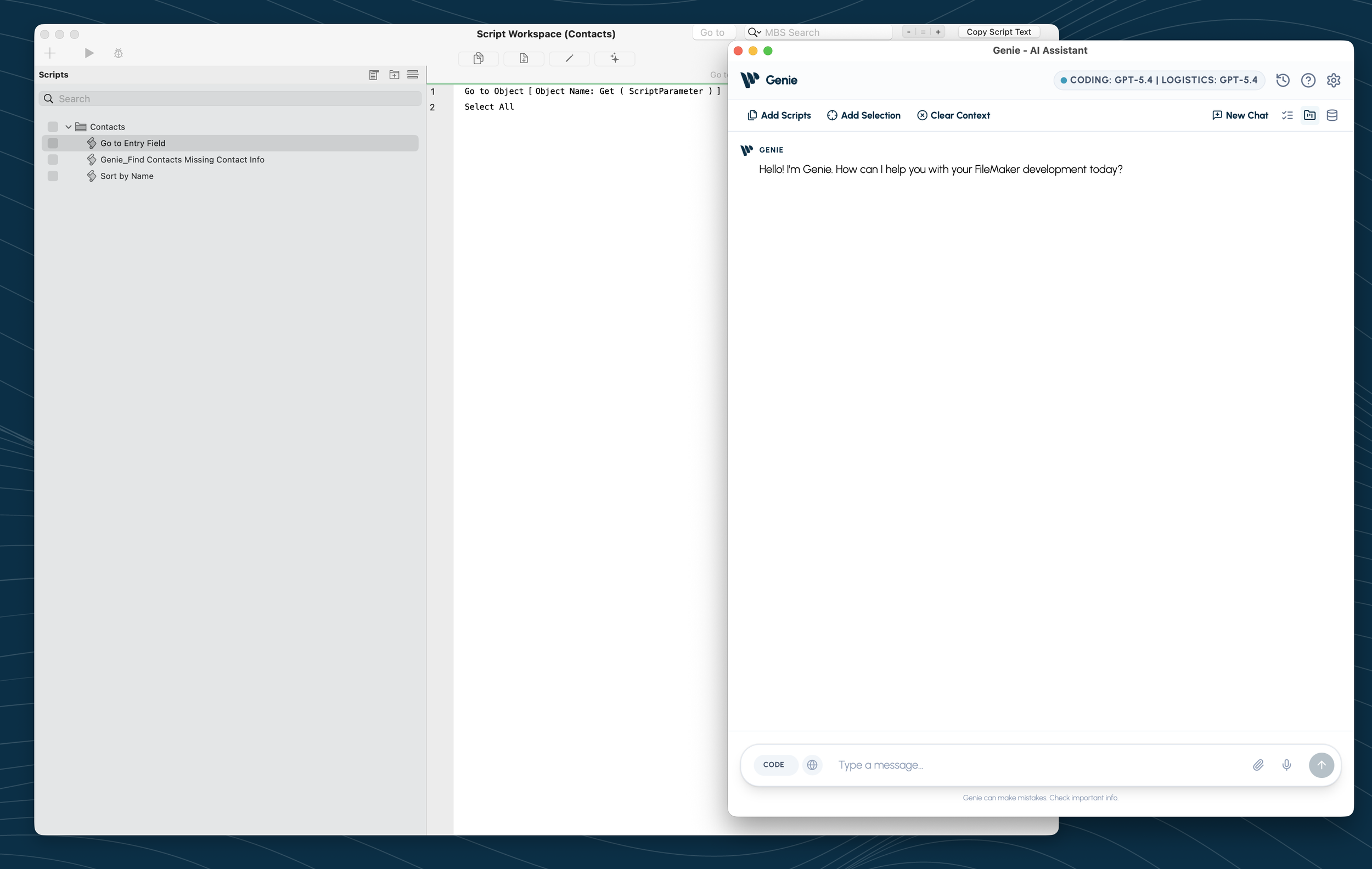 FileMaker Script Workspace with the Contacts starter scripts.