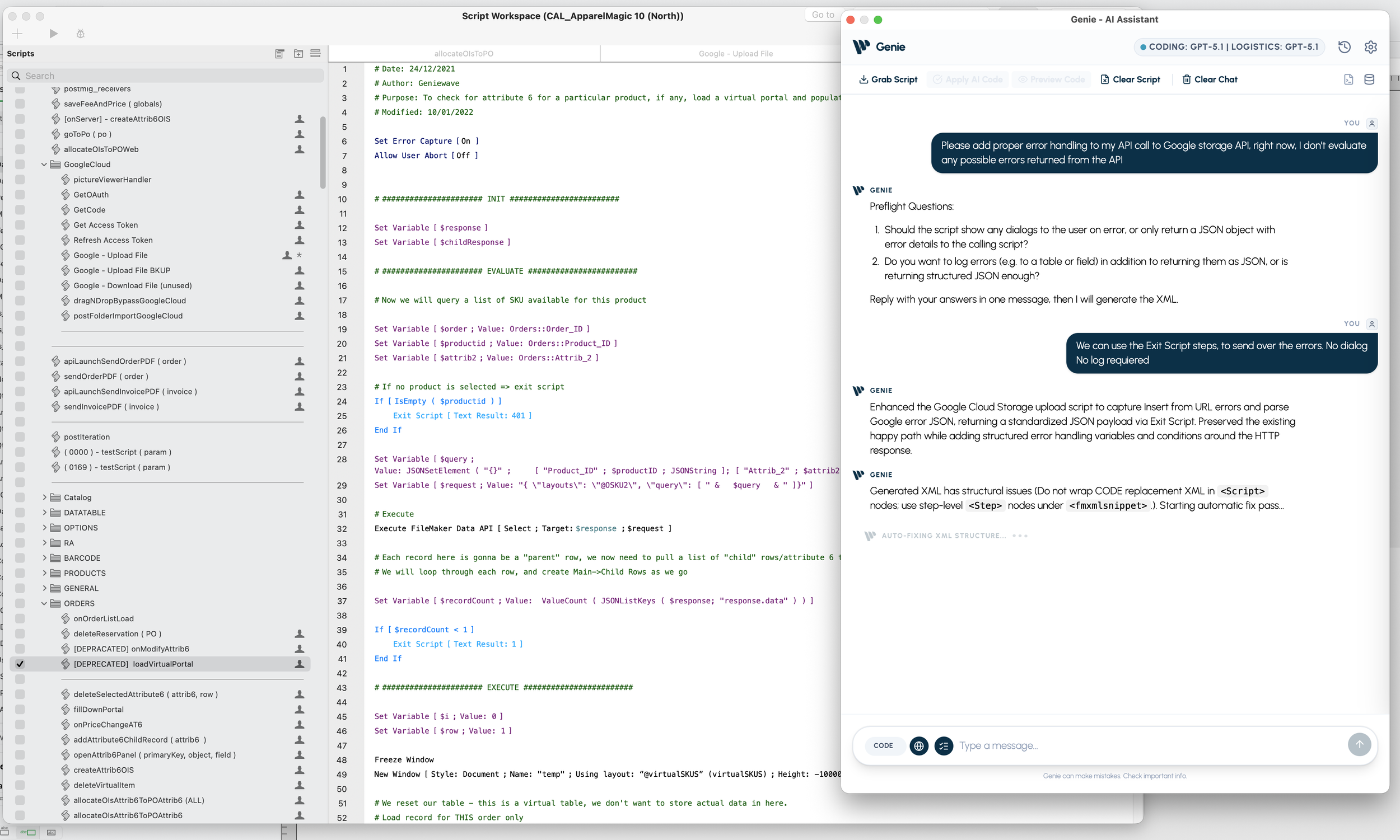 Genie performing auto XML repair