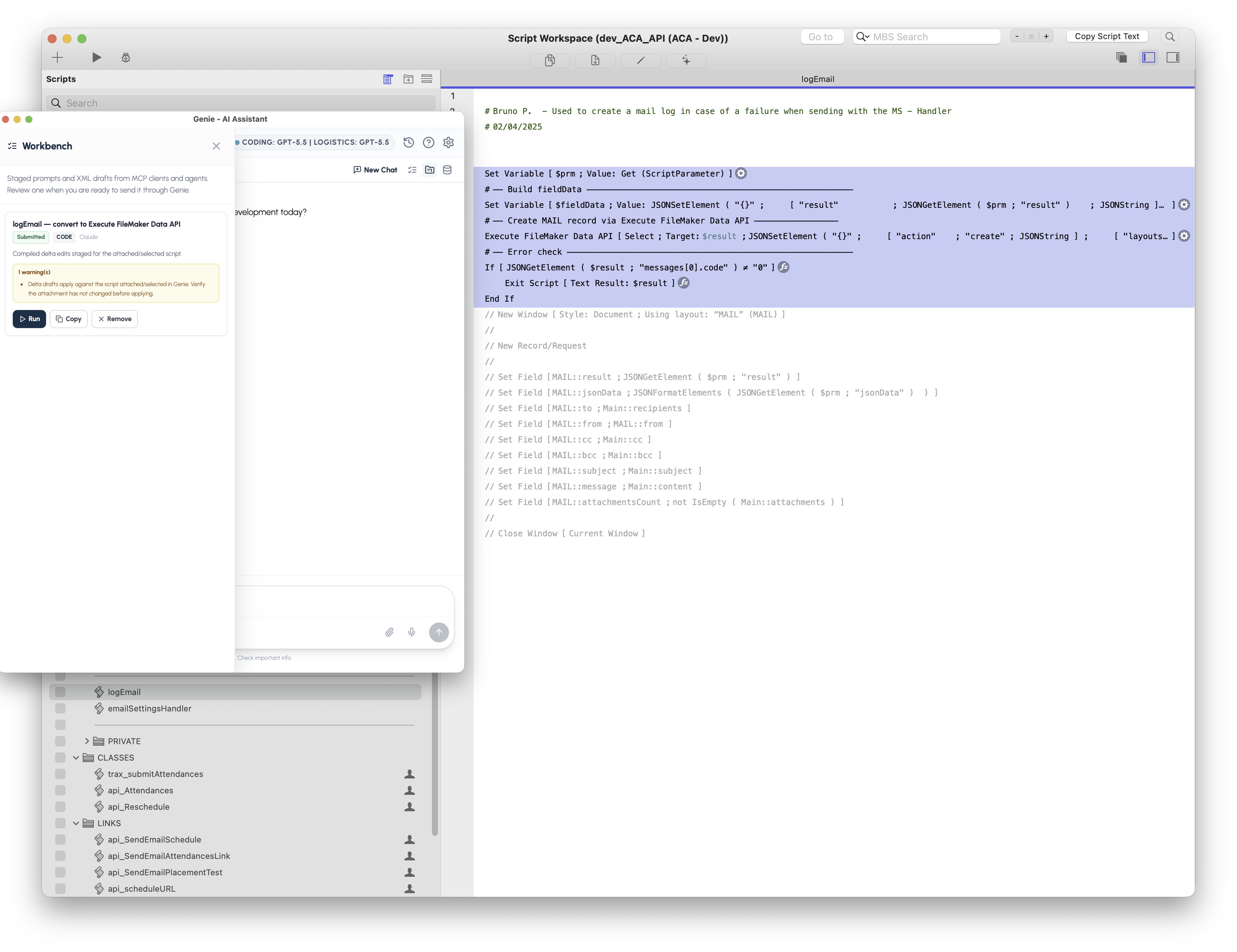 Genie turns Claude's staged changes into a reviewable, ready-to-apply script update.