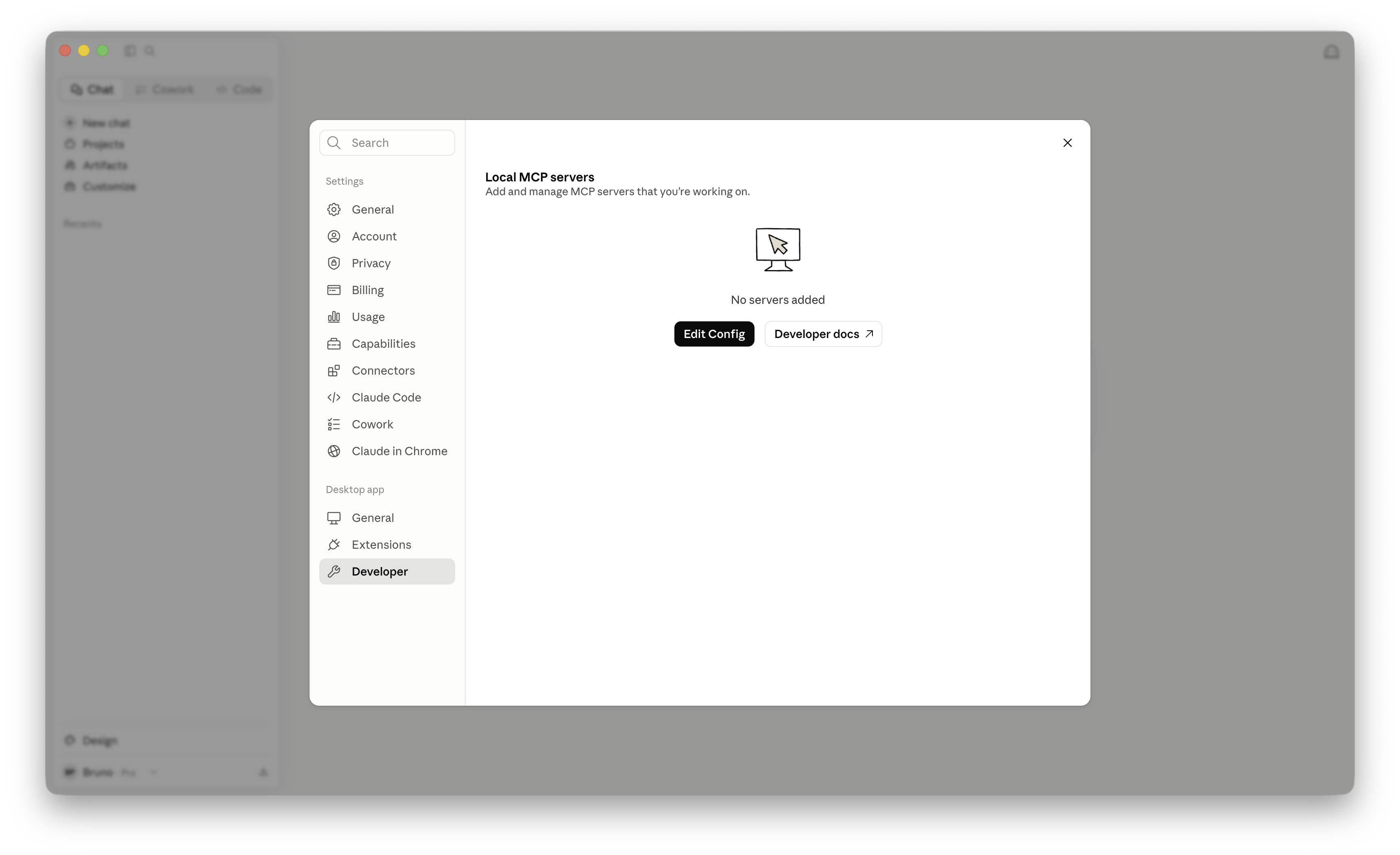 Claude Desktop's Developer settings provide direct access to the MCP configuration file.