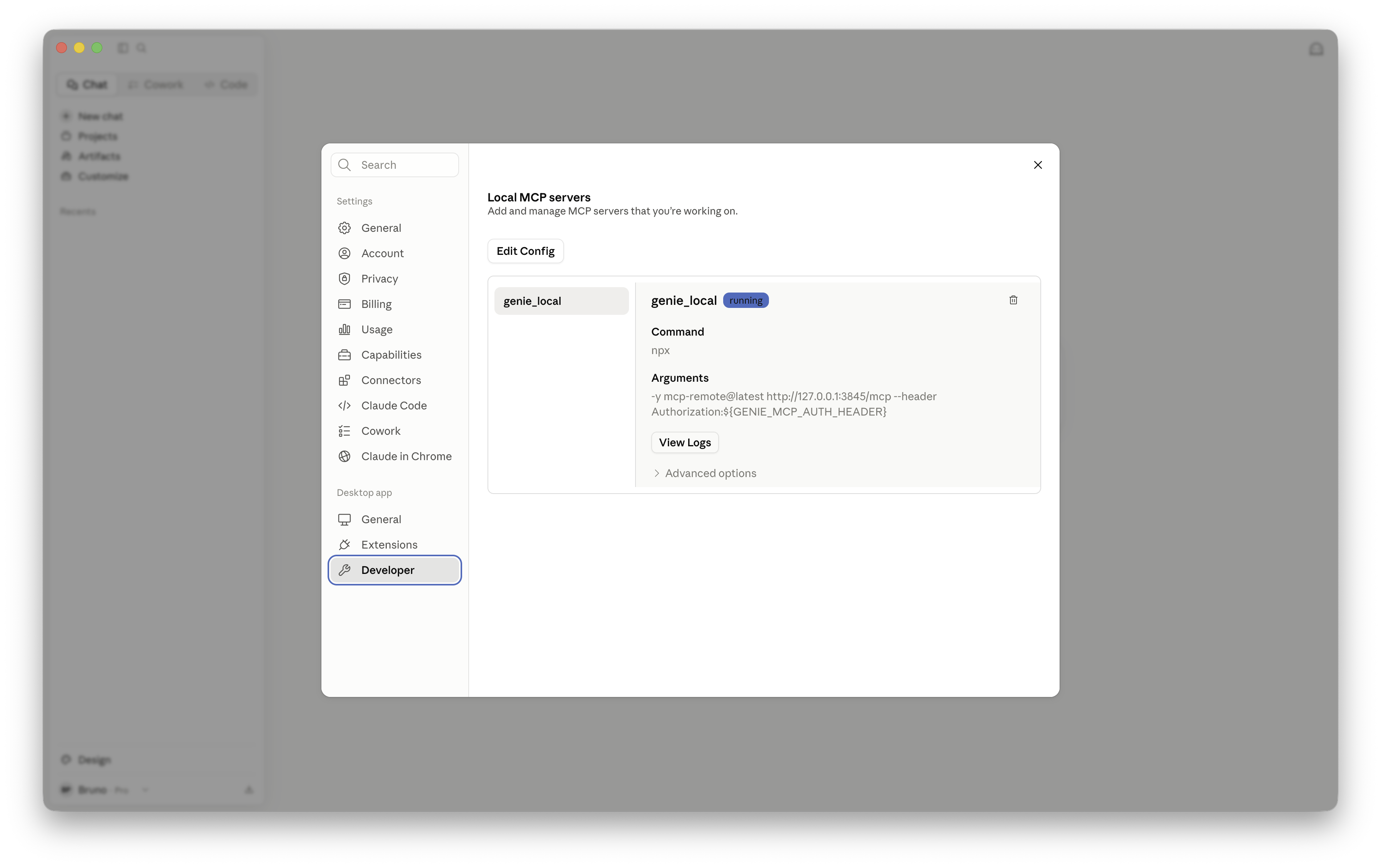 After restarting, Genie should appear as an available MCP integration inside Claude Desktop.