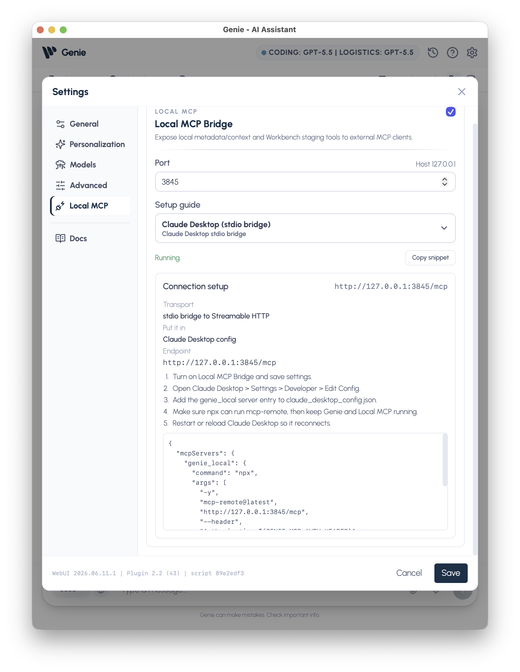 Genie generates the Local MCP snippet you'll add to Claude Desktop.