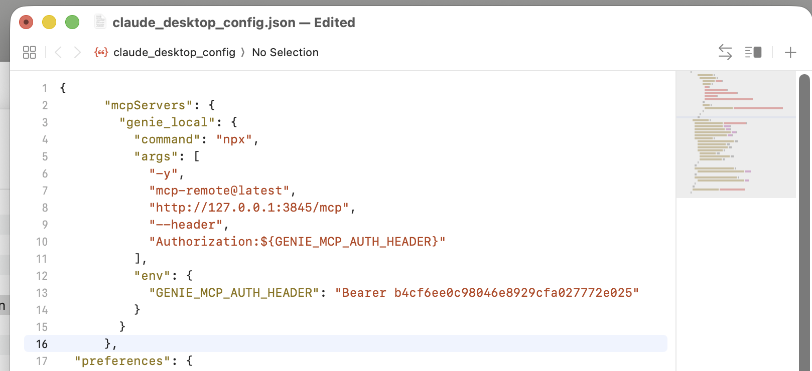 Paste the Genie MCP snippet into Claude's config file and save it.