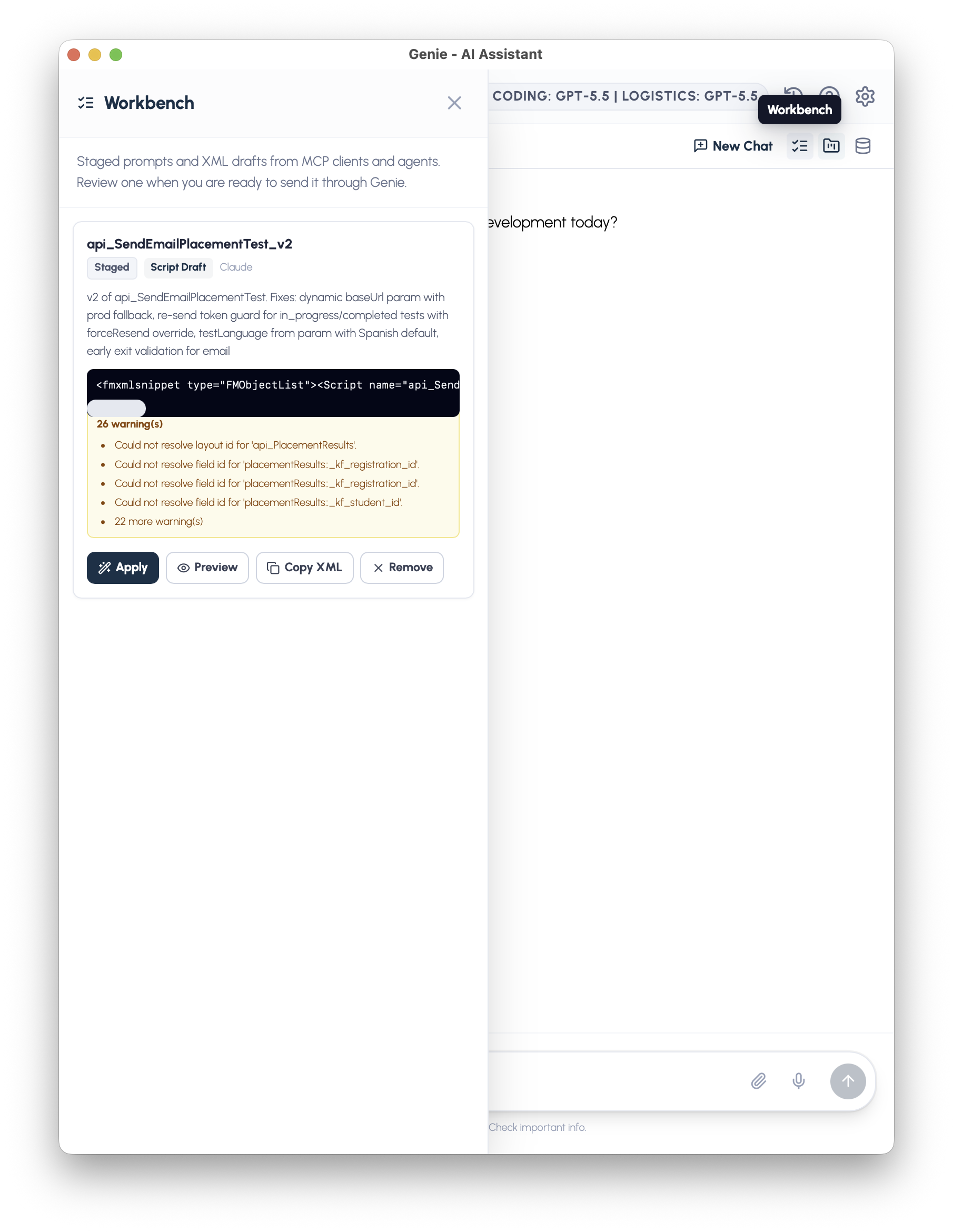 Genie's Workbench gives you a final review step before changes reach your script workspace.