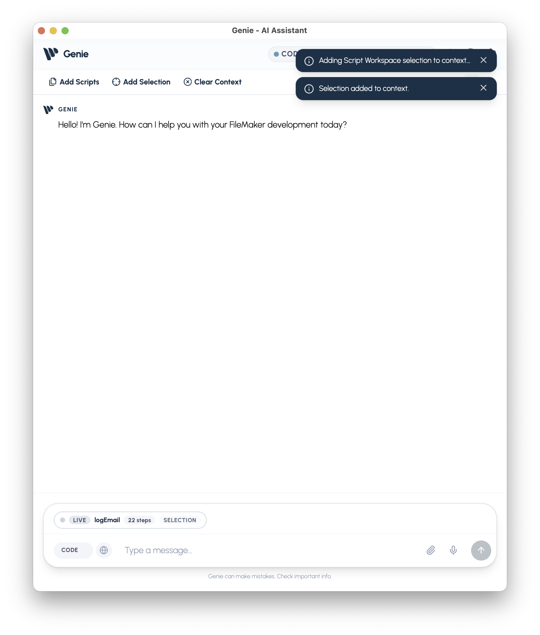 Add the active script selection in Genie so Claude can work on the exact target.