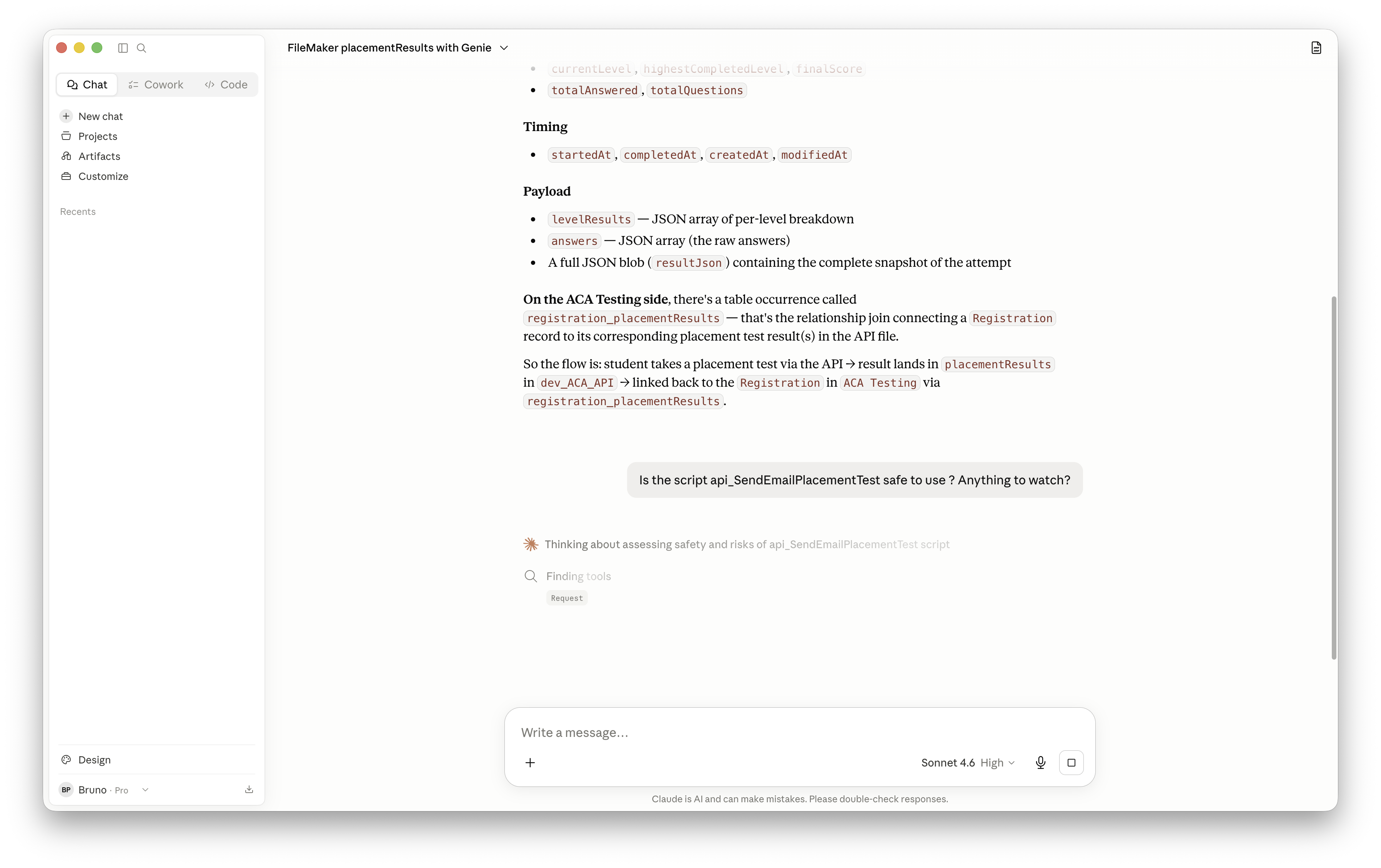 Claude can investigate individual FileMaker scripts without requiring a fully manual setup each time.