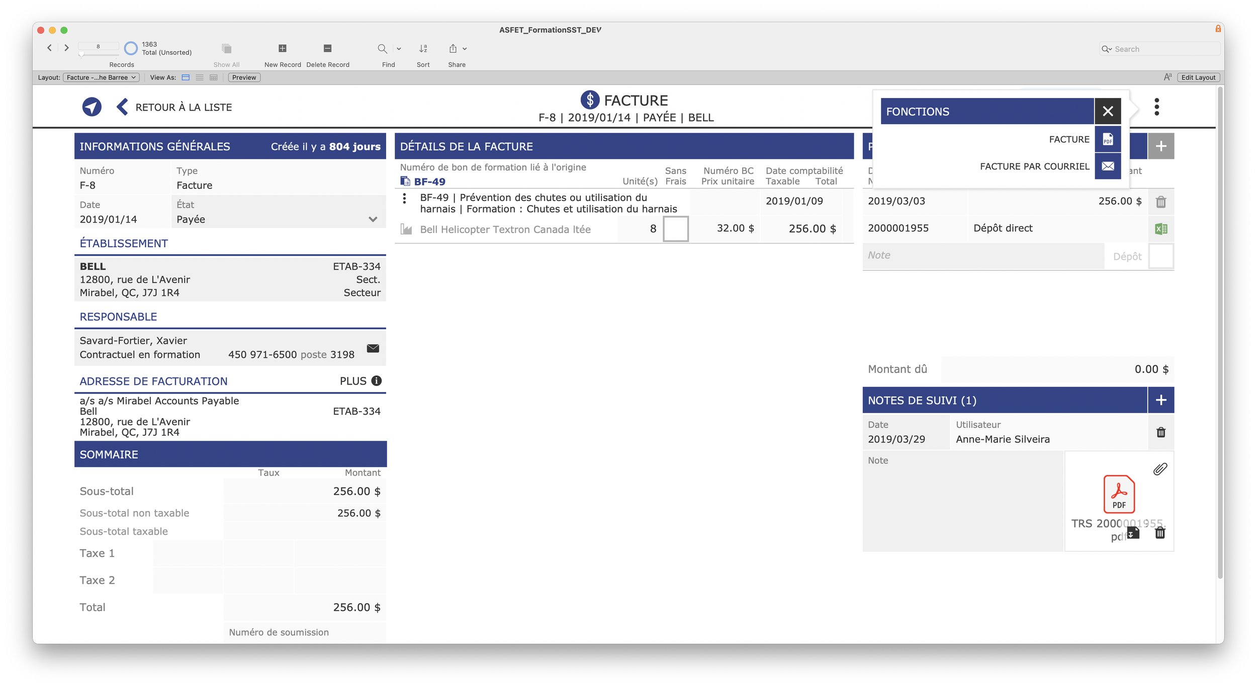 Screenshot of a detailed invoice form in a software application with sections for general information, invoice details, establishment, responsible person, billi