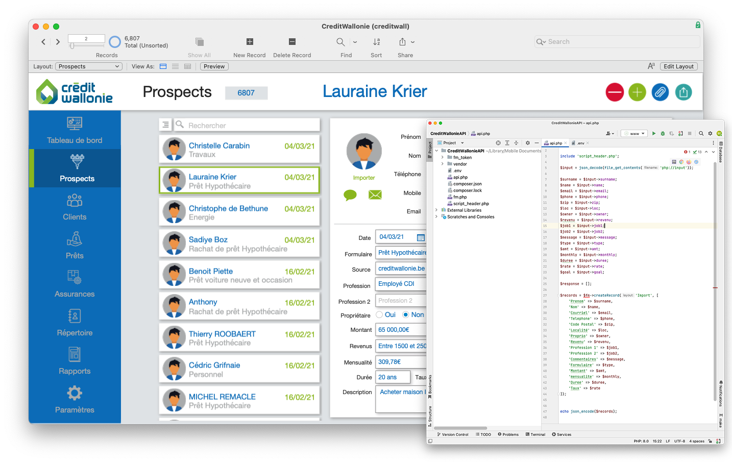 Screenshot of a CreditWallonie software interface showing prospects and a coding window with PHP code.