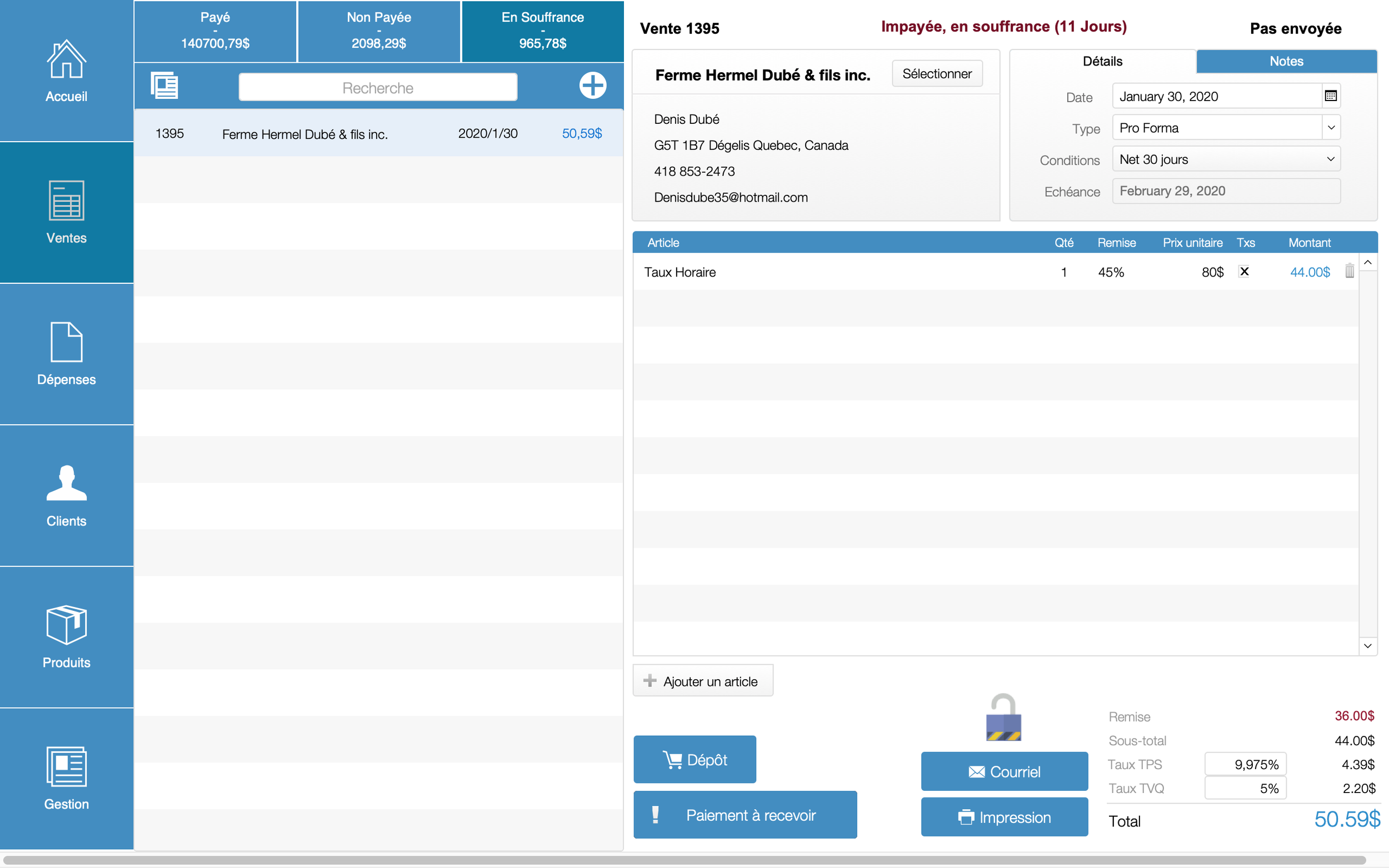 Screenshot of an invoicing software dashboard showing a sales transaction for Ferme Hermel Dubé & fils inc., including date, client details, and item price, wit