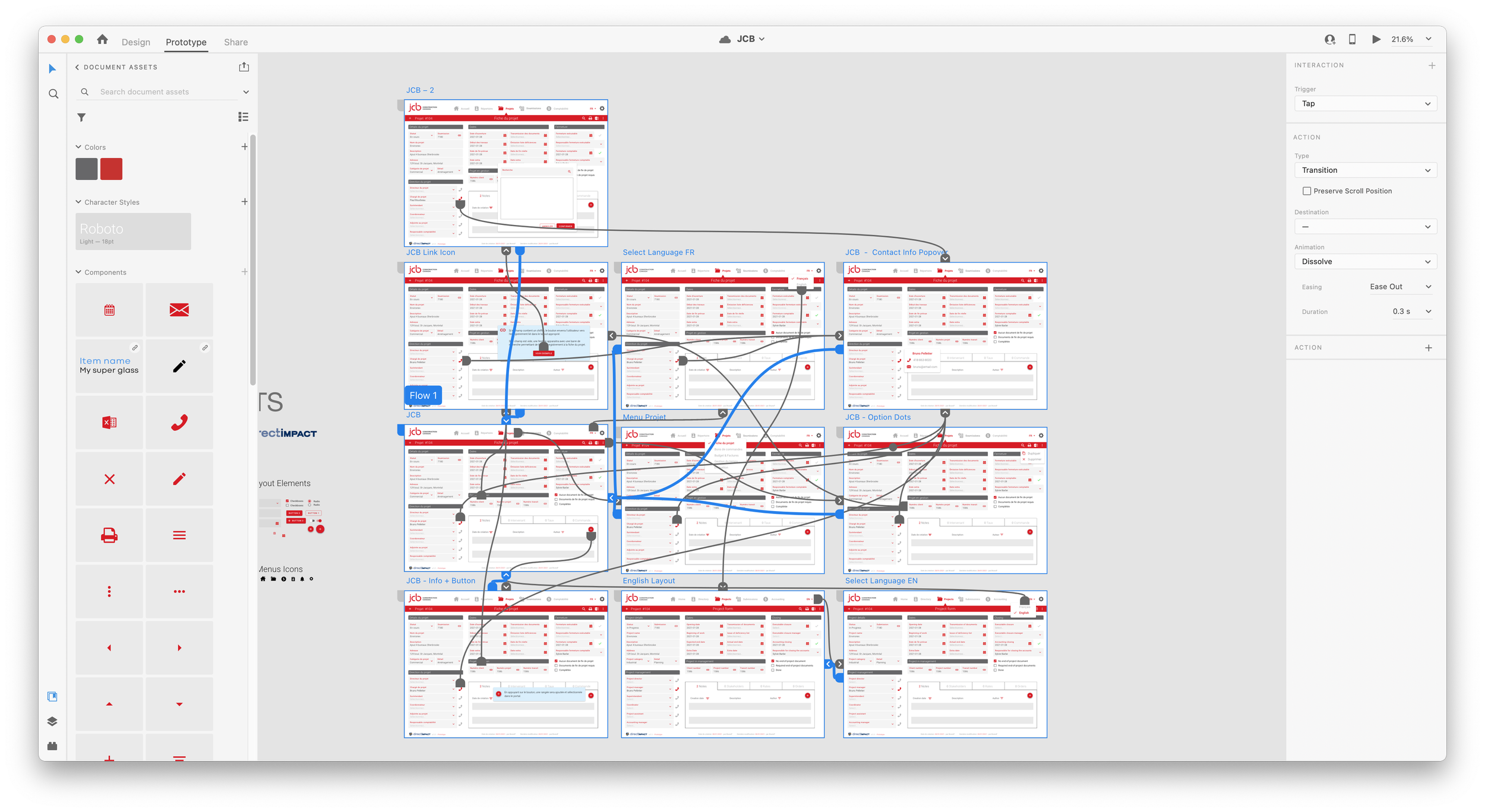 Screenshot of a user interface flow diagram with multiple interconnected screens, showing a website or application prototype related to JCB, with labels and com