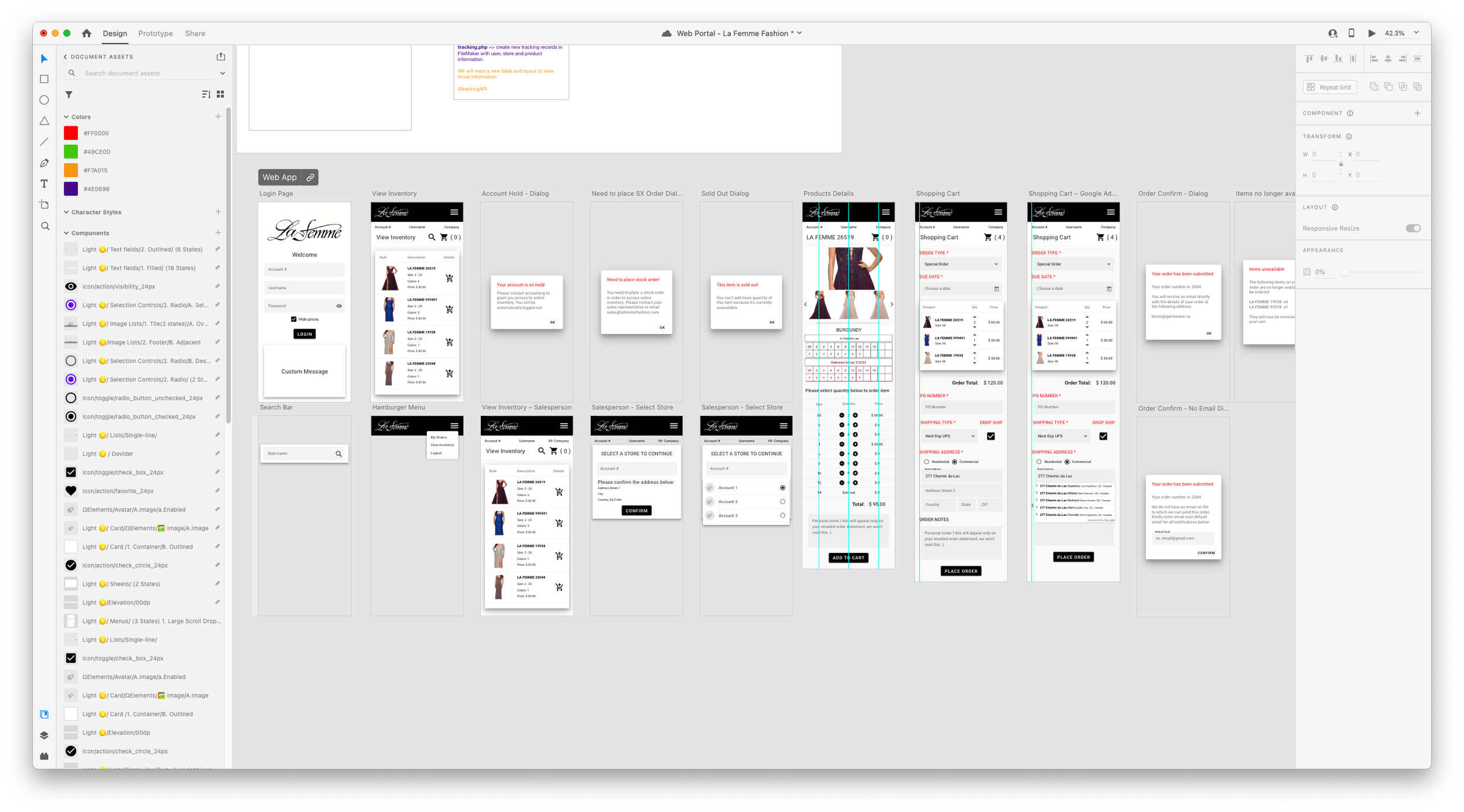 Screenshot of a web development project with multiple mobile app screens related to fashion, inventory, and shopping cart, arranged in a grid layout for design 