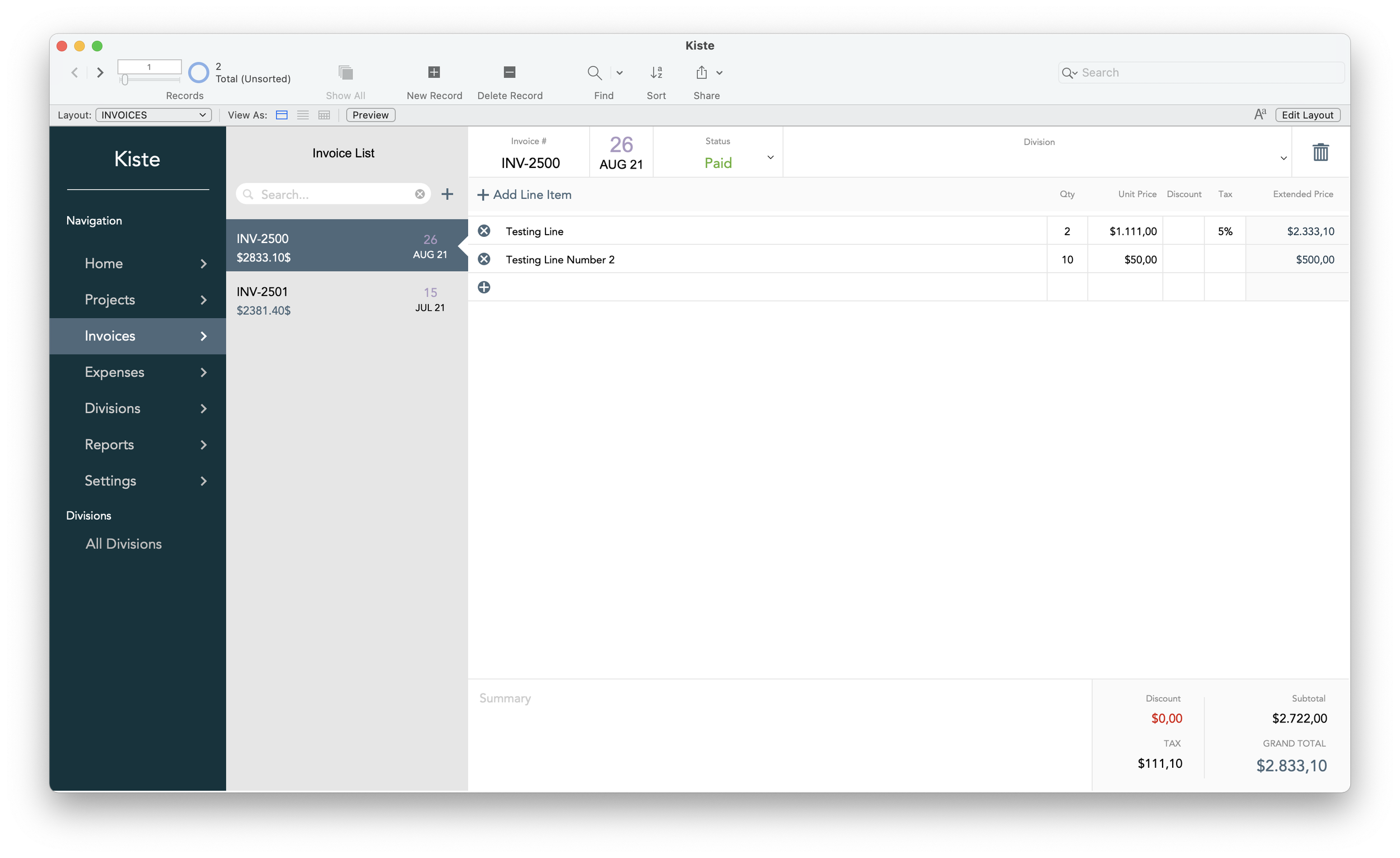 Screenshot of an invoice management software interface displaying a list of invoices, including invoice numbers, dates, statuses, and details of line items, wit