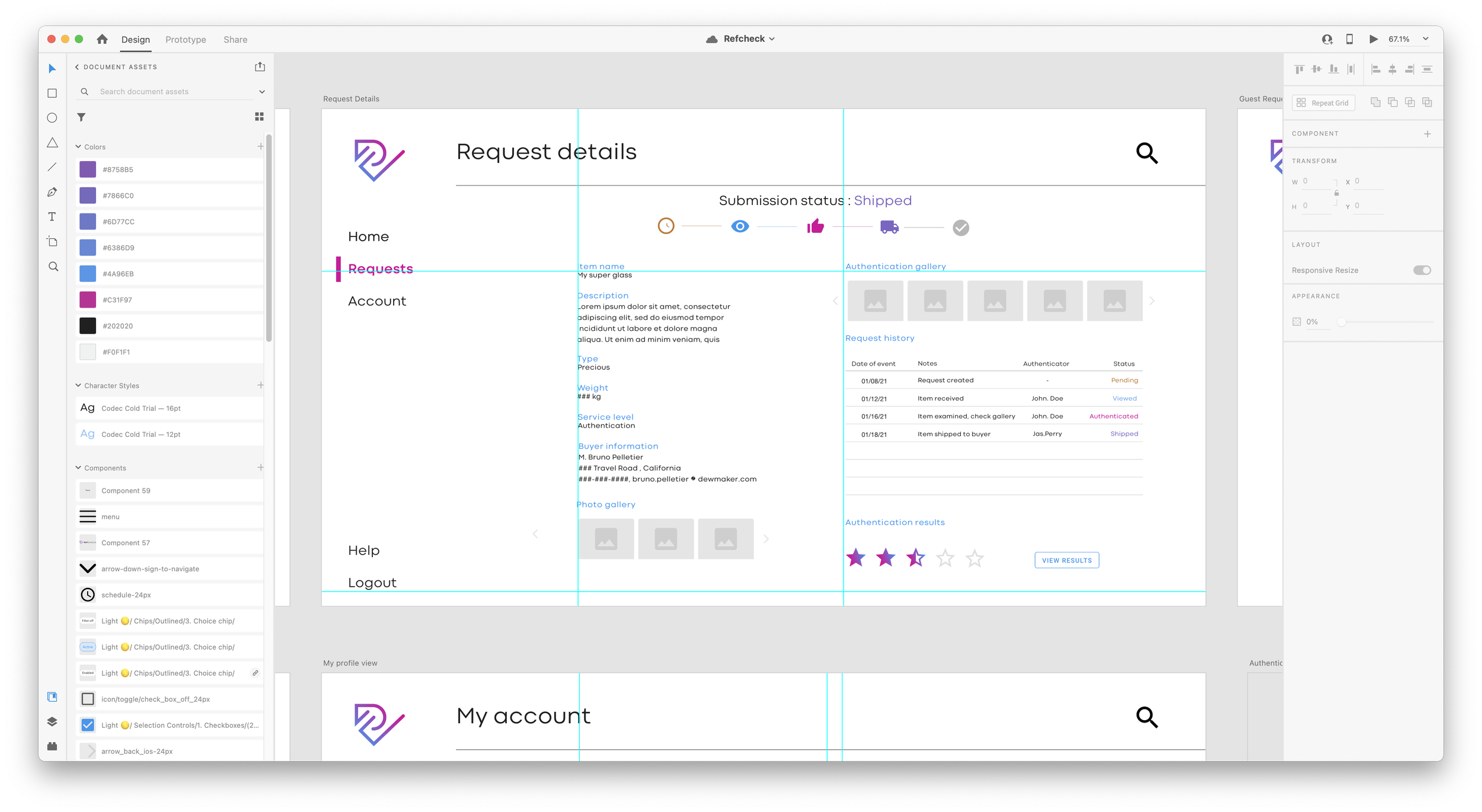Screenshot of a design interface displaying a request details page with a request status of shipped, request history, buyer information, photo gallery, and acco
