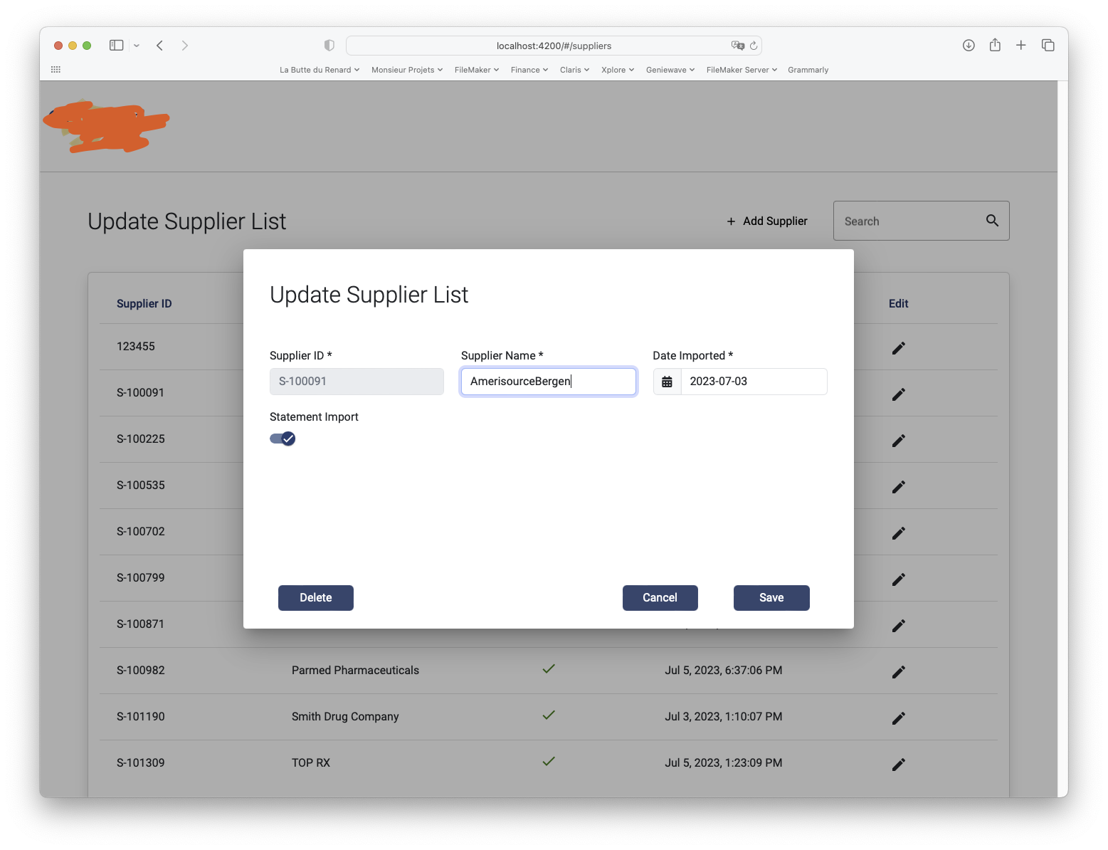 Screenshot of a web-based supplier management system showing an update form for a supplier named AmerisourceBergen, with fields for supplier ID, name, import da